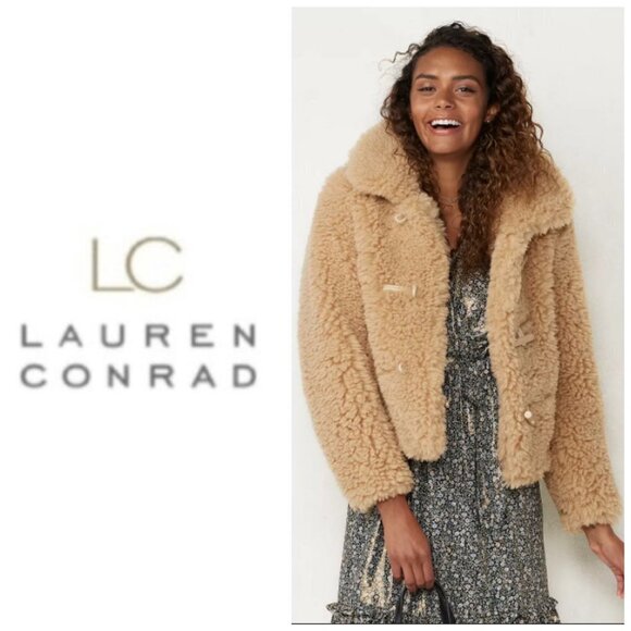 LC Lauren Conrad Womens Tan Faux Shearling Fluffy Teddy Bear Jacket Sz M New - Picture 11 of 12
